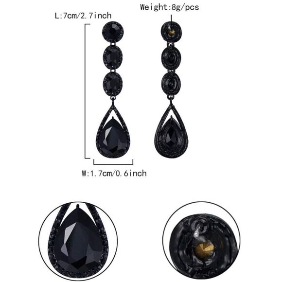 Carbon Black with Black Onyx Crystal Teardrop Halo Chandelier Post Back Earrings - Picture 6 of 6